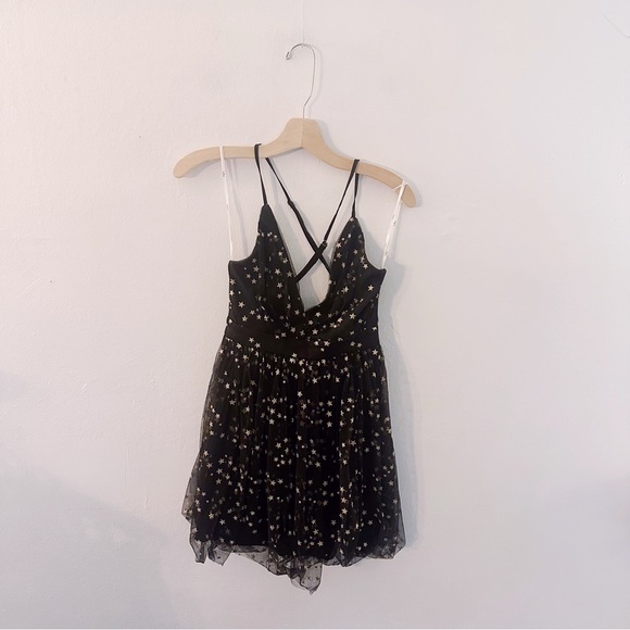 Lulus Favorite Moment Gold and Black Star Print Skater Dress Tulle Glitter - Picture 3 of 9